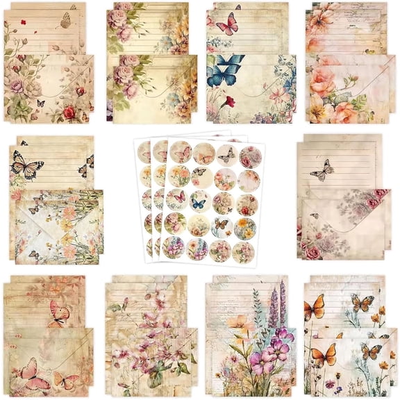 160PCS Floral Stationery Paper Set, Letter Writing Kit with 50 Writing Papers, 50 Envelopes & 60 Round Seal Stickers, Vintage Cute Envelope Set for Invitations, Greeting Cards & Daily Writing
