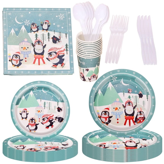 160PCS Party Supplies Snowsman Paper Disposable AFN1plates Cups Napkins Plastic Forks Knives Spoons Tablecloth Serve 20 Guests Dinnerware for Birthday Wedding Graduation