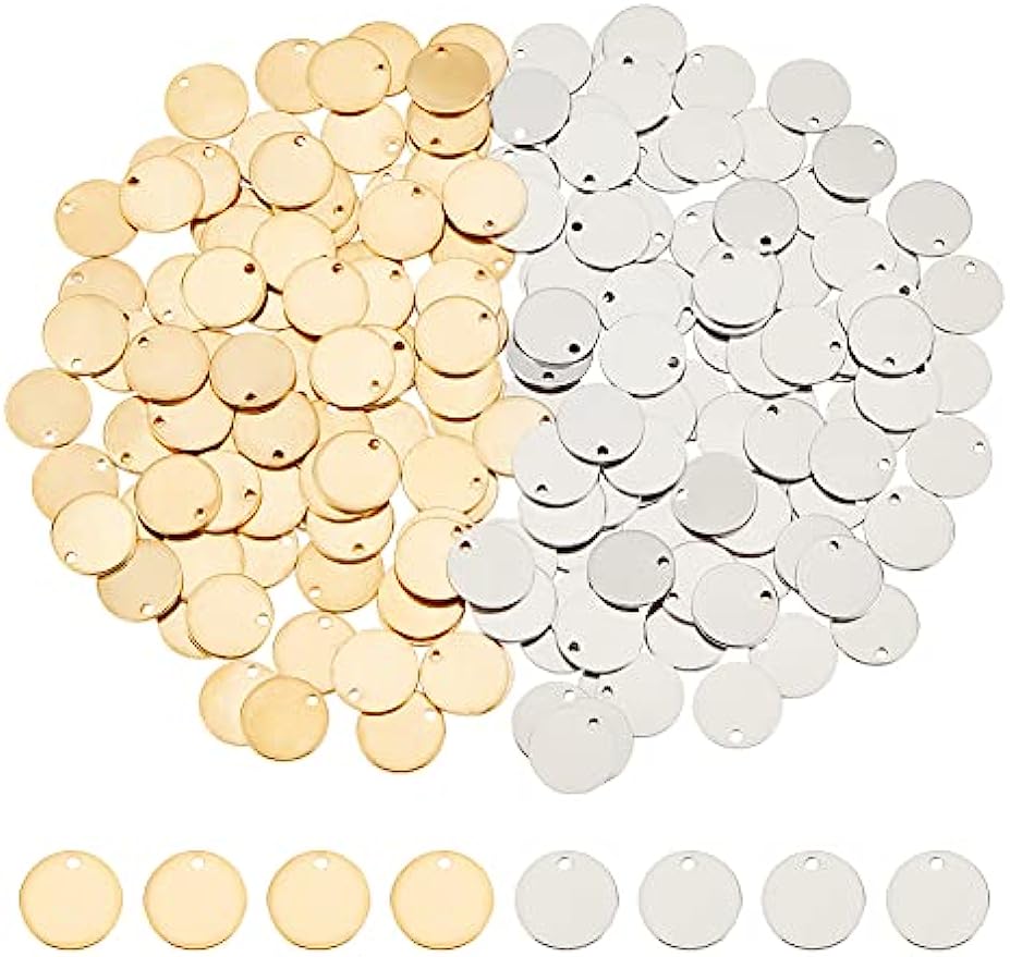 160Pcs 2 Colors Stamping Blank Tag Pendants Flat Round Pendants 12mm
