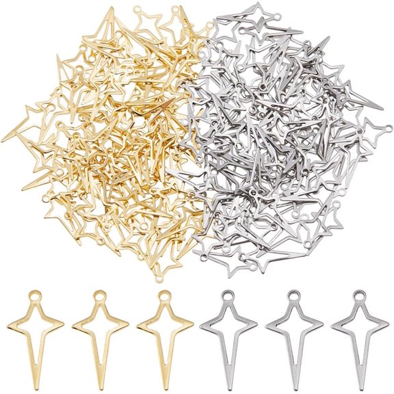 160Pcs 2 Colors Star Charm Pendant Stainless Steel Charms Four-pointed Star Charms Metal Hollow Pendant Celestial Charm