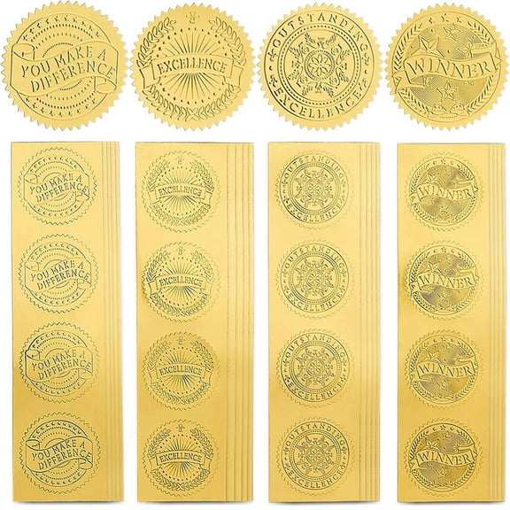 160Pcs 4 Style Gold Stickers Winner Certificate Excellence Banner Embossed Foil 2" Self Adhesive Envelopes Seals Round Labels