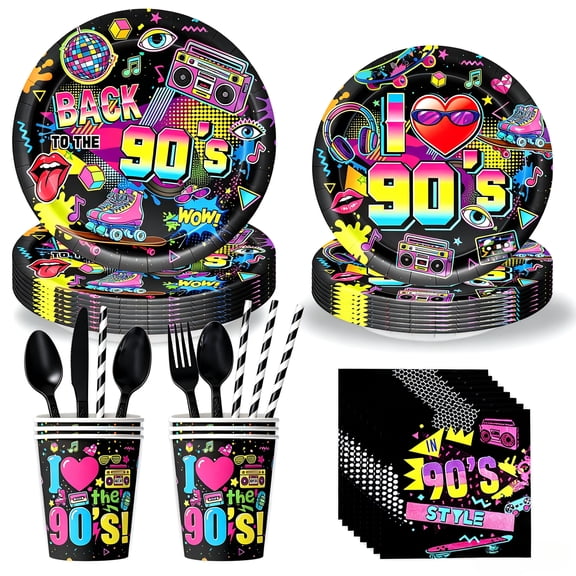 160Pcs 90s Party Decorations Back To The 90's Birthday Party Supplies, 1990s Retro Hip-Hop Party Tableware, Include Plates, Napkins, Cups, Straws, Cutlery, Serves 20 Guests