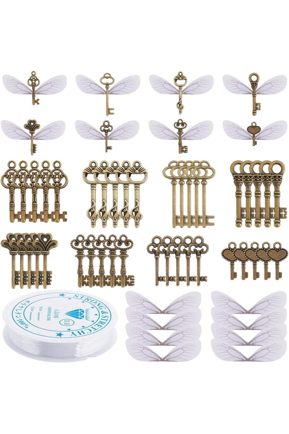 160Pcs DIY 80 Sets Keys Bulk Flying Keys Charms Dragonfly Wings Vintage Style Bronze Flying Keys Organza Wings Kit Magic World Wizard Party Keys for Christmas Decorations