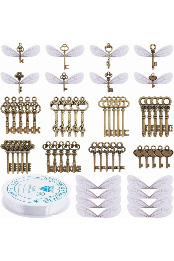 160Pcs DIY 80 Sets Keys Bulk Flying Keys Charms Dragonfly Wings Vintage Style Bronze Flying Keys Organza Wings Kit Magic World Wizard Party Keys for Christmas Decorations for DIY