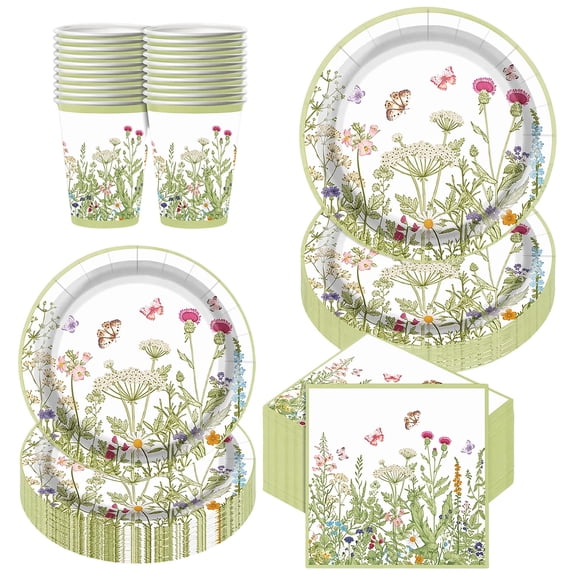 160Pcs Floral Disposable Tableware Set, Spring Flower and Butterfly Paper Plates Cups and Napkins, Wildflower Party Supplies for Spring Gathering, Wedding Table Decor, Picnic Camping Dining Set