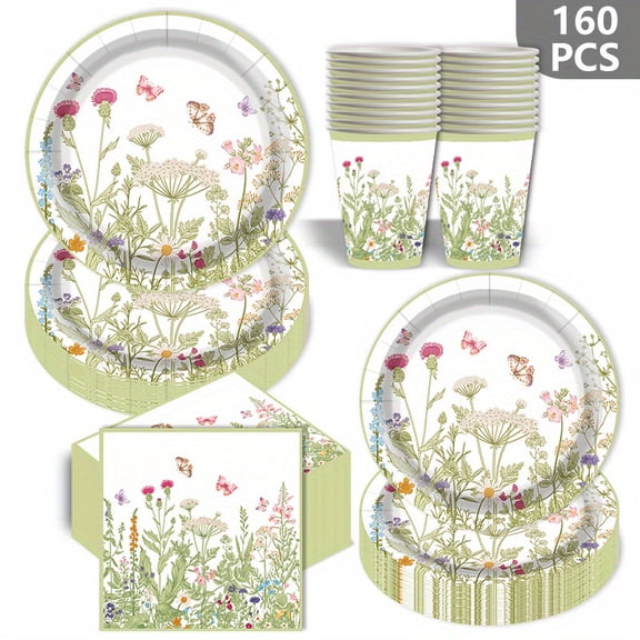 160Pcs Floral Disposable Tableware Set, Spring Flower and Butterfly Paper Plates Cups and Napkins, Wildflower Party Supplies for Spring Gathering, Wedding Table Decor, Picnic Camping Dining Set