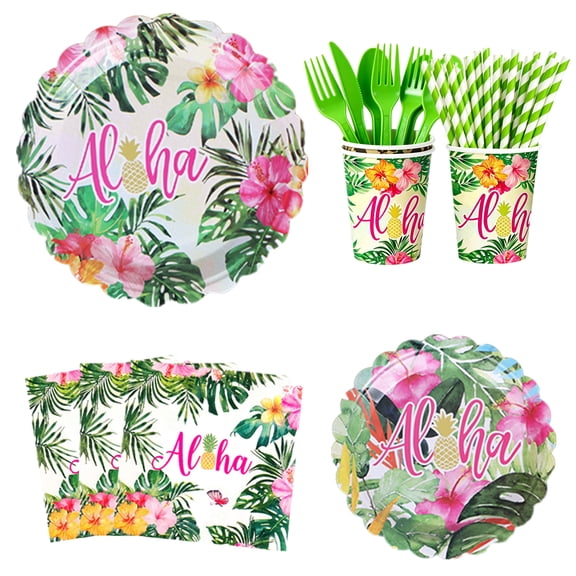 160Pcs Hawaiian Luau Party Decorations Supplies, Aloha Tropical Birthday Decorations Dinnerware, Include Plates, Cups, Napkins, Straws, Cutlery, for Summer Pool Beach Party, Serves 20