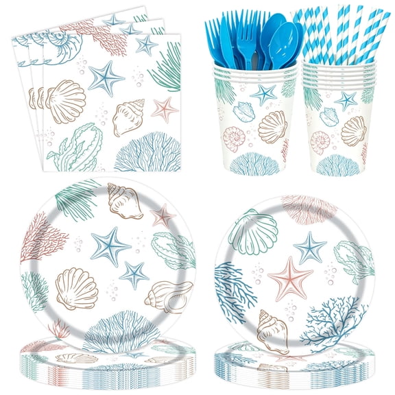 160Pcs Ocean Seashell Coastal Beach Starfish Coral Party Plates Supplies Tableware Decorations Disposable Paper Plates Napkins Forks for Birthday Summer Baby Shower, Serves 20 Guests