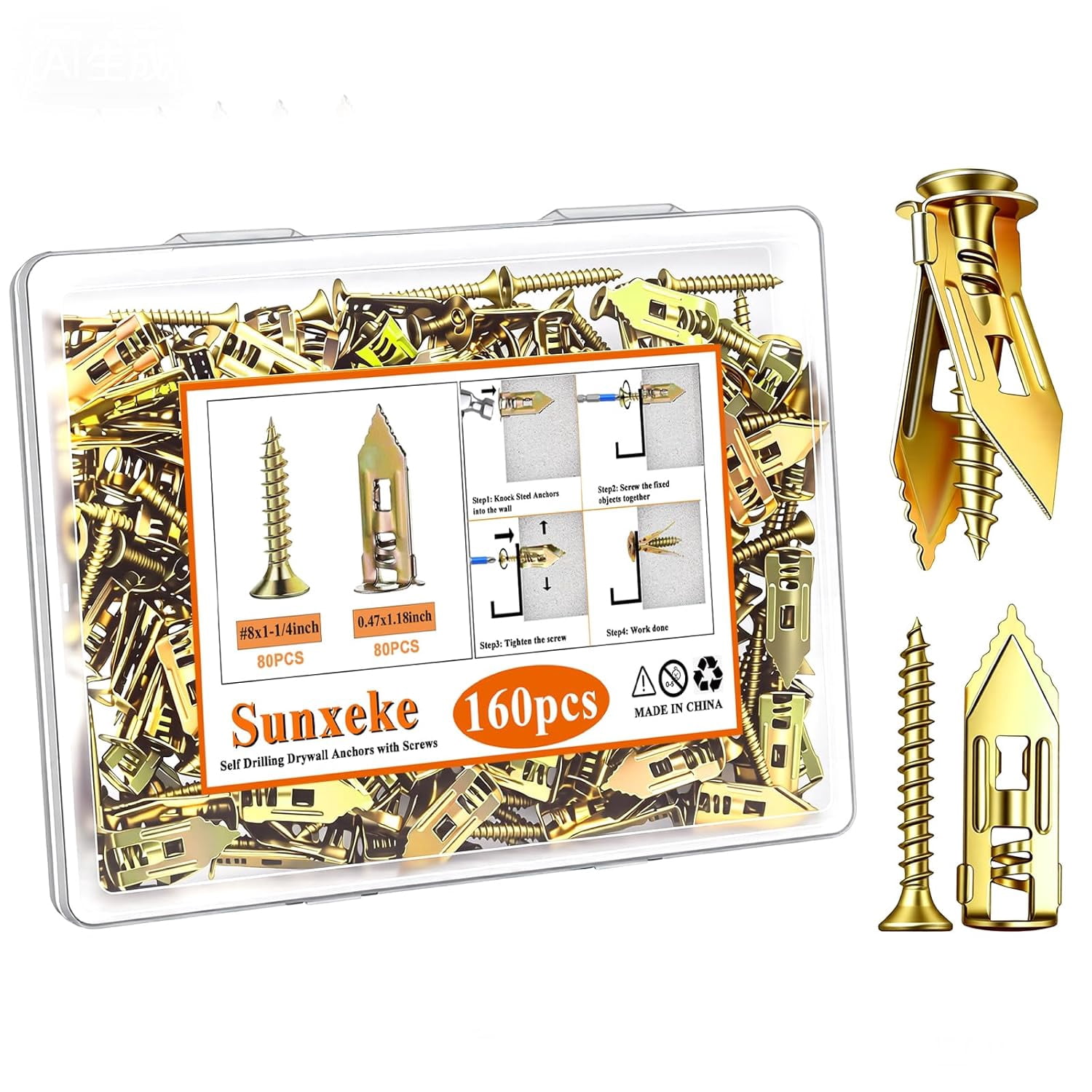 160Pcs Self Drilling Drywall Anchors with Screws Kit,80 Sheetrock Anchors & 80 Zinc Expansion Screws,No Drill Needed Wall Anchors with Screws,Hold Up to 66lbs for Picture Frame,Shelves