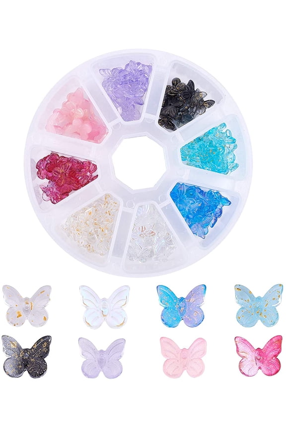 160Pcs Transparent Spray Painted Glass Pendants Butterfly with Glitter Powder Glass Charms Butterfly Backpack Charm for Jewelry Making DIY Crafts Accessories colorful
