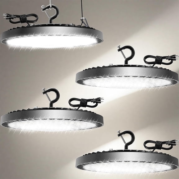 160W 4  UFO High Bay Light  Shop Lights, 25000LM Garage Lights, 6500K Barn Lights, Industrial Light w/ 6.6ft Plug Power Cord, IP65  Work Lamp for Warehouse Workshop Factory Gym