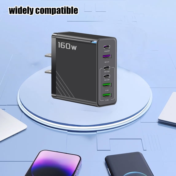 160W 6-Port Fast Charger with PD25W & QC3.0, Multi USB Charging Station for Phone Tablet Laptop, Compact 150W Max Per Port, PC+ABS Fireproof, US Plug, Travel & Home Use