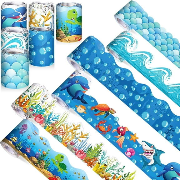 160ft Ocean Border for Bulletin Board, Ocean Classroom Decoration, 6 Rolls Blue Sea Coral Wave Bulletin Board Border, Scalloped Trim for Back to School Office Whiteboard Poster Decor