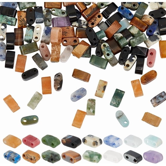 160pcs 16 Styles Half Tilas Beads Natural Gemstone Beads 2-Hole Flat Seed Bead Rectangle Loose Bead Multi-Strand Linking Connectors for Bracelet Necklace Earring Jewelry Making 5x2.5mm