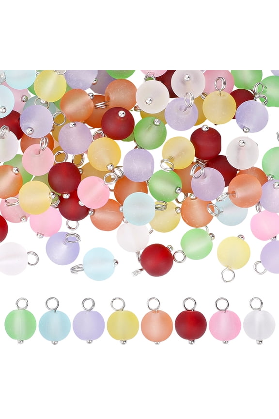 160pcs Frosted Transparent Glass Charms Round with Platinum Brass Loops Mixed color 12.5x8.5mm Hole: 2.5mm