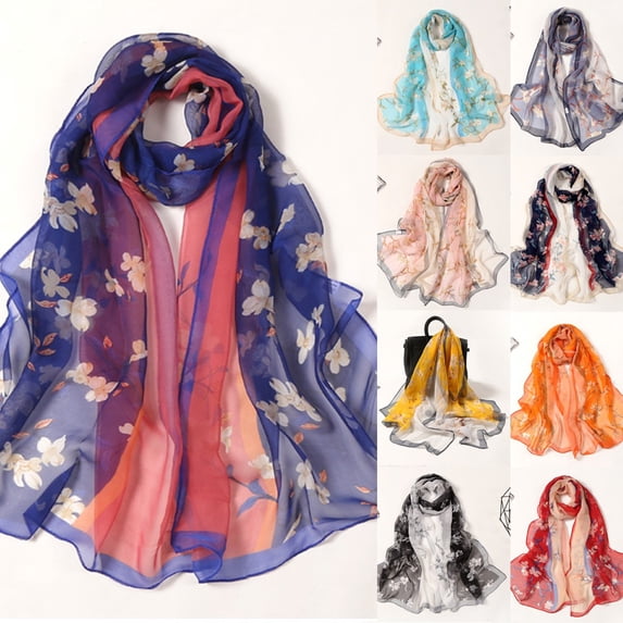 160x50cm Women's Flower Print Long Soft Shawl Simulation Silk Scarf