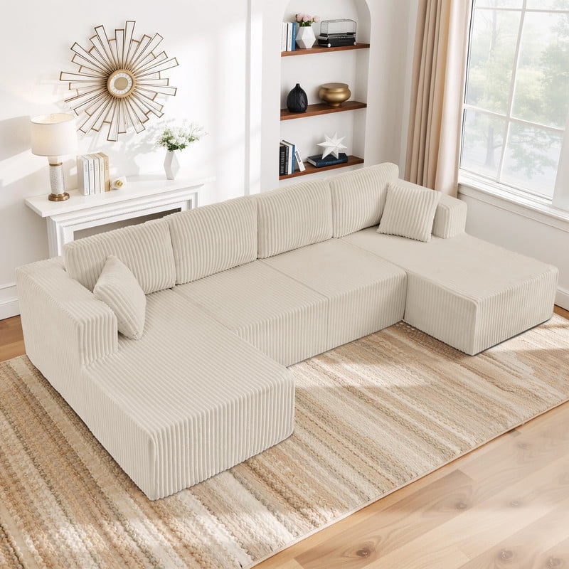 161" Oversized U Shaped Modular Sectional Sofa, Compressed Sofa in a Box, Modern Corduroy Deep Seat Couch, No Assembly Large Sectional Sofa for Living Room, Apartment, Bedroom, Beige