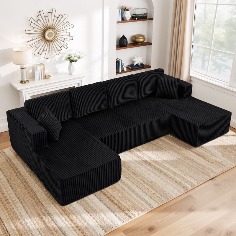 161" Oversized U Shaped Modular Sectional Sofa, Compressed Sofa in a Box, Modern Corduroy Deep Seat Couch, No Assembly Large Sectional Sofa for Living Room, Apartment, Bedroom, Black