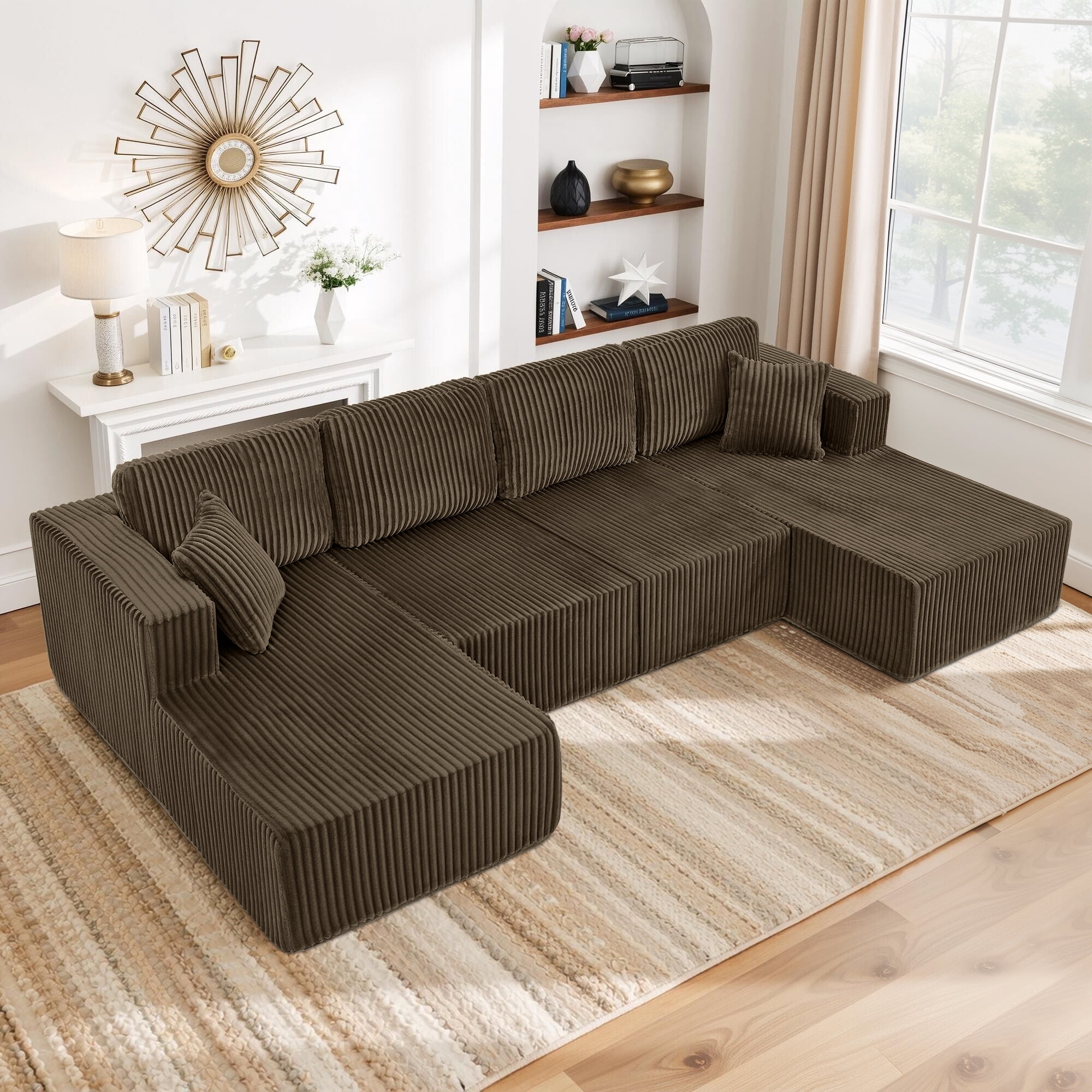 161" Oversized U Shaped Modular Sectional Sofa, Compressed Sofa in a Box, Modern Corduroy Deep Seat Couch, No Assembly Large Sectional Sofa for Living Room, Apartment, Bedroom, Brown