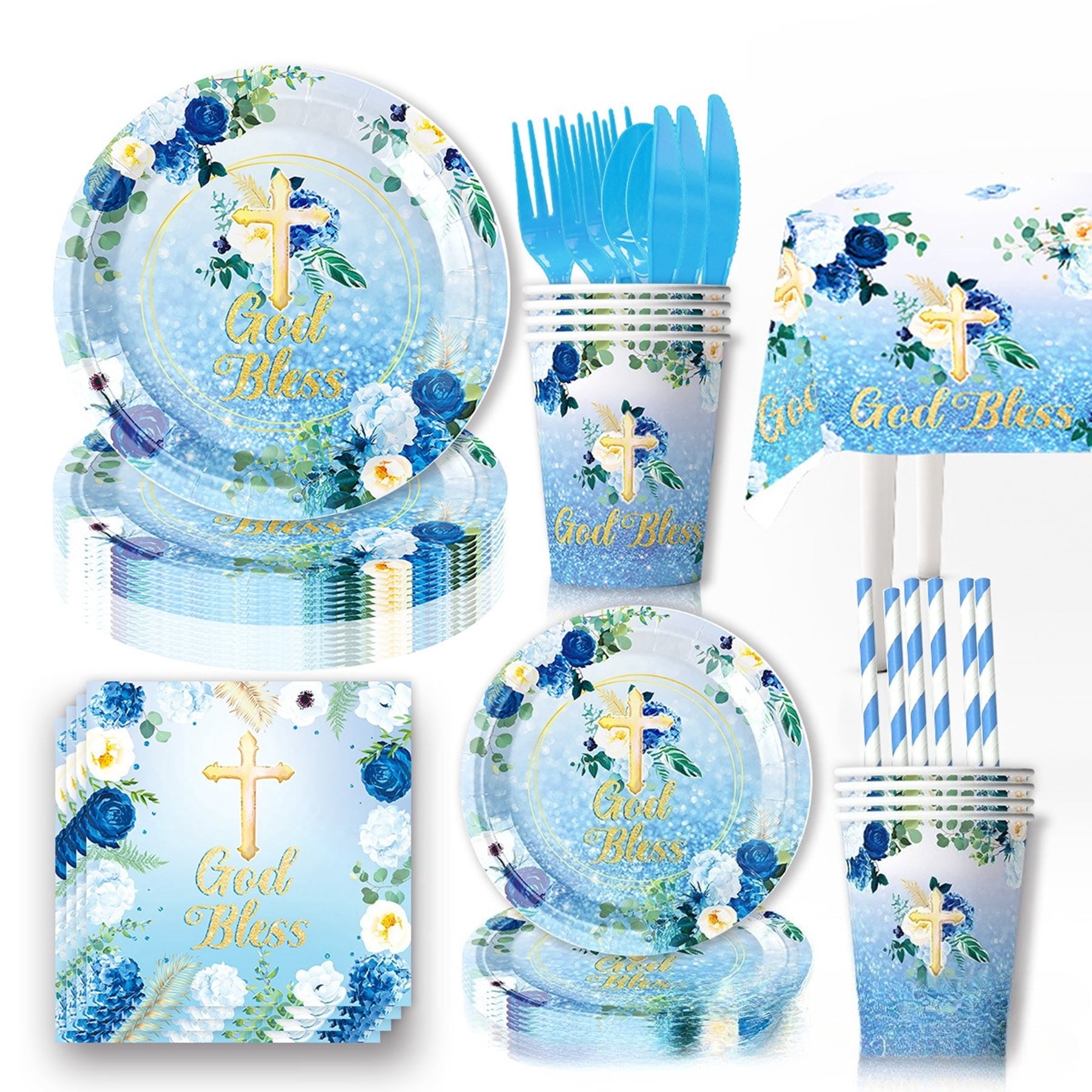 161 Pcs Blue God Bless Tableware Set, Baptism First Holy Communion Party Decorations Supplies for Newborn Baby Shower, Baptism Church Cross White Floral, Serves 20 Guests