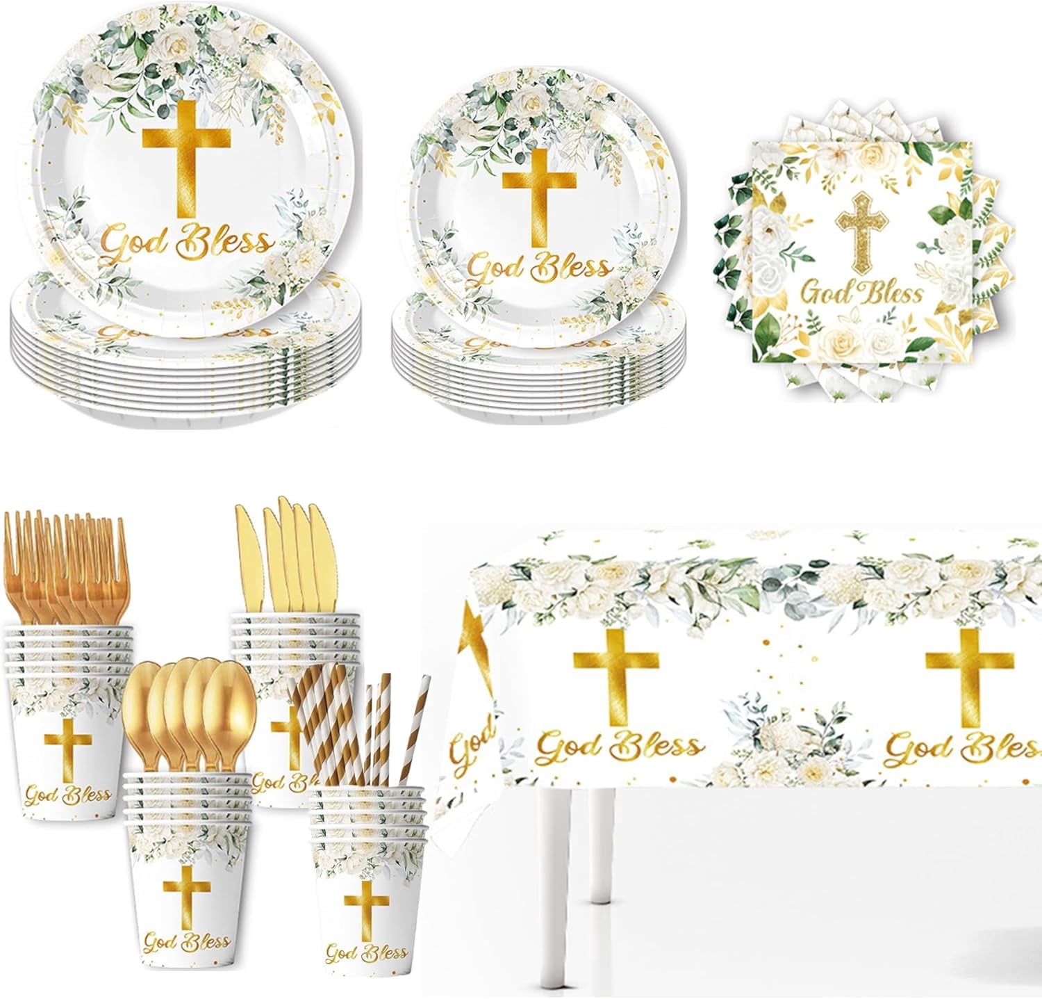 161 Pcs God Bless Tableware Set, Baptism First Holy Communion Party Decorations Supplies for Newborn Baby Shower, Baptism Church Cross White Floral, Serves 20 Guests