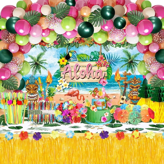 161 Pcs Hawaiian Luau Party Decorations, Tropical Summer Beach Party Supplies Including Aloha Backdrop, Table Skirt, Tablecloth, Flamingo, Palm Leaves and Hibiscus, Balloons Arch, Straws