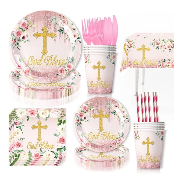 161 Pcs Pink God Bless Tableware Set, Baptism First Holy Communion Party Decorations Supplies for Newborn Baby Shower, Baptism Church Cross White Floral, Serves 20 Guests