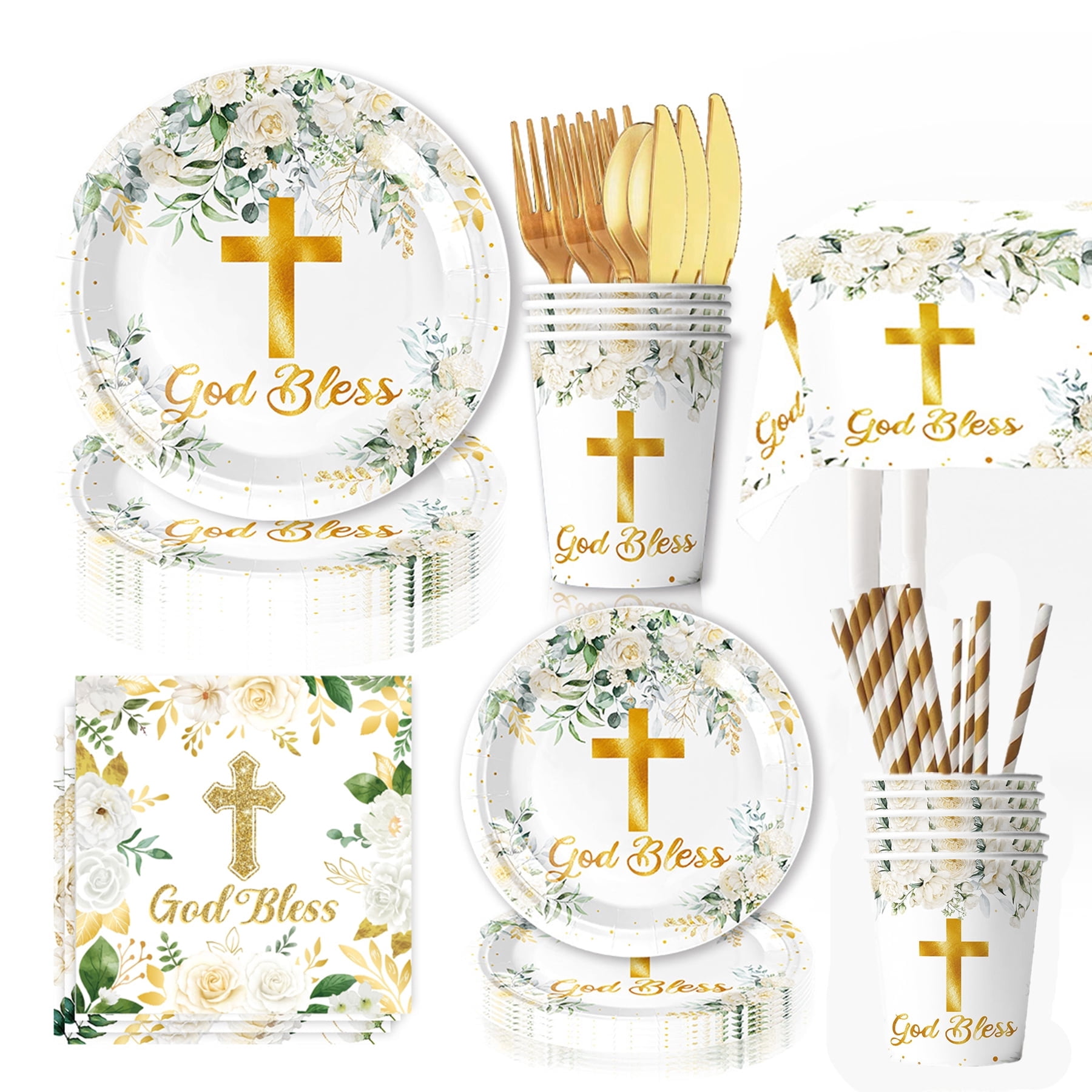 161 Pcs White God Bless Tableware Set, Baptism First Holy Communion Party Decorations Supplies for Newborn Baby Shower, Baptism Church Cross White Floral, Serves 20 Guests