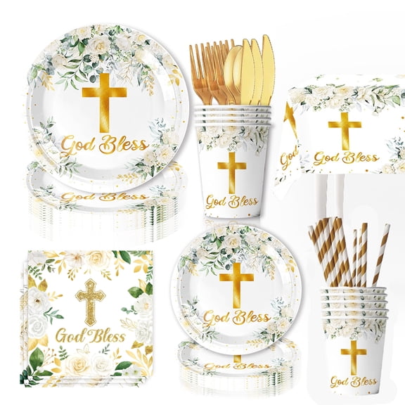 161 Pcs White God Bless Tableware Set, Baptism First Holy Communion Party Decorations Supplies for Newborn Baby Shower, Baptism Church Cross White Floral, Serves 20 Guests