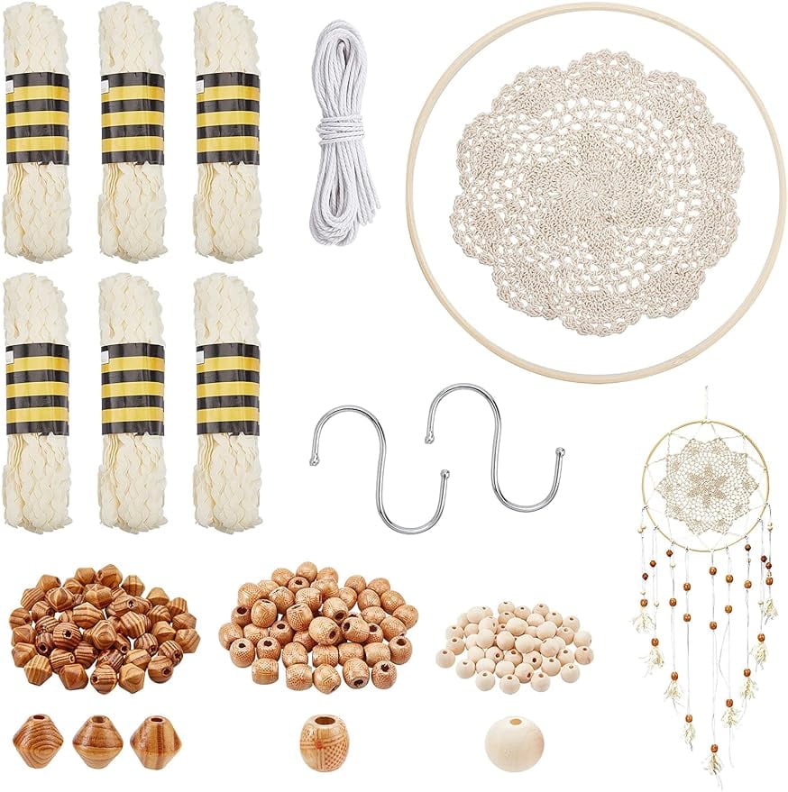 161 Pcs Wooden Beads Kits Round Barrel Bicone Wood Beads with Polypropylene Fiber Ribbons Bamboo Circle Cross Stitch Hoop Ring Cotton Lace Cup Coasters DIY Decorations Making