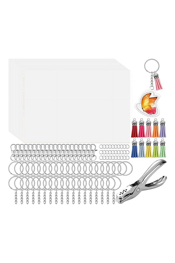 161 Shrinky Sheets Key Chain Set, Key Ring with Chain, Jump Ring, Hole Punch for Kids, Translucent