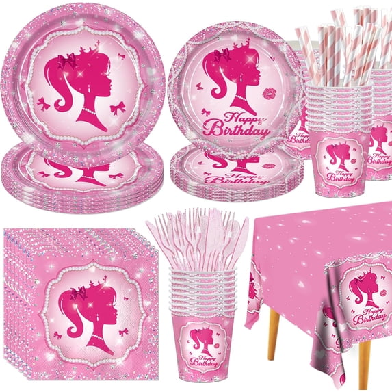 161CT Pink Girl Babe Happy Birthday Party Supplies Babe Head Paper Plates Cups Straw Napkins Spoon Fork knives Tablecloth Hot Pink Girl Party Decorations Tableware for 20 Guests for Bday Baby Shower