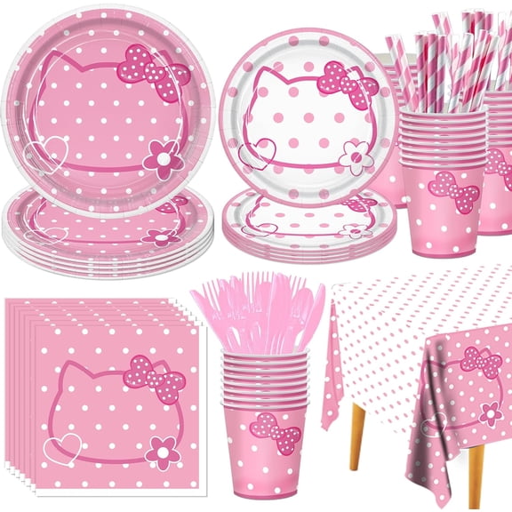 161PC Pink kittens Birthday Party Supplies Kit - Includes Pink Cat Dot Plates Napkins Cups Tablecloth Straws Forks Spoons Knives for Girls Party, Baby Shower, Cute Kattyy Decorations serve 20 Guests