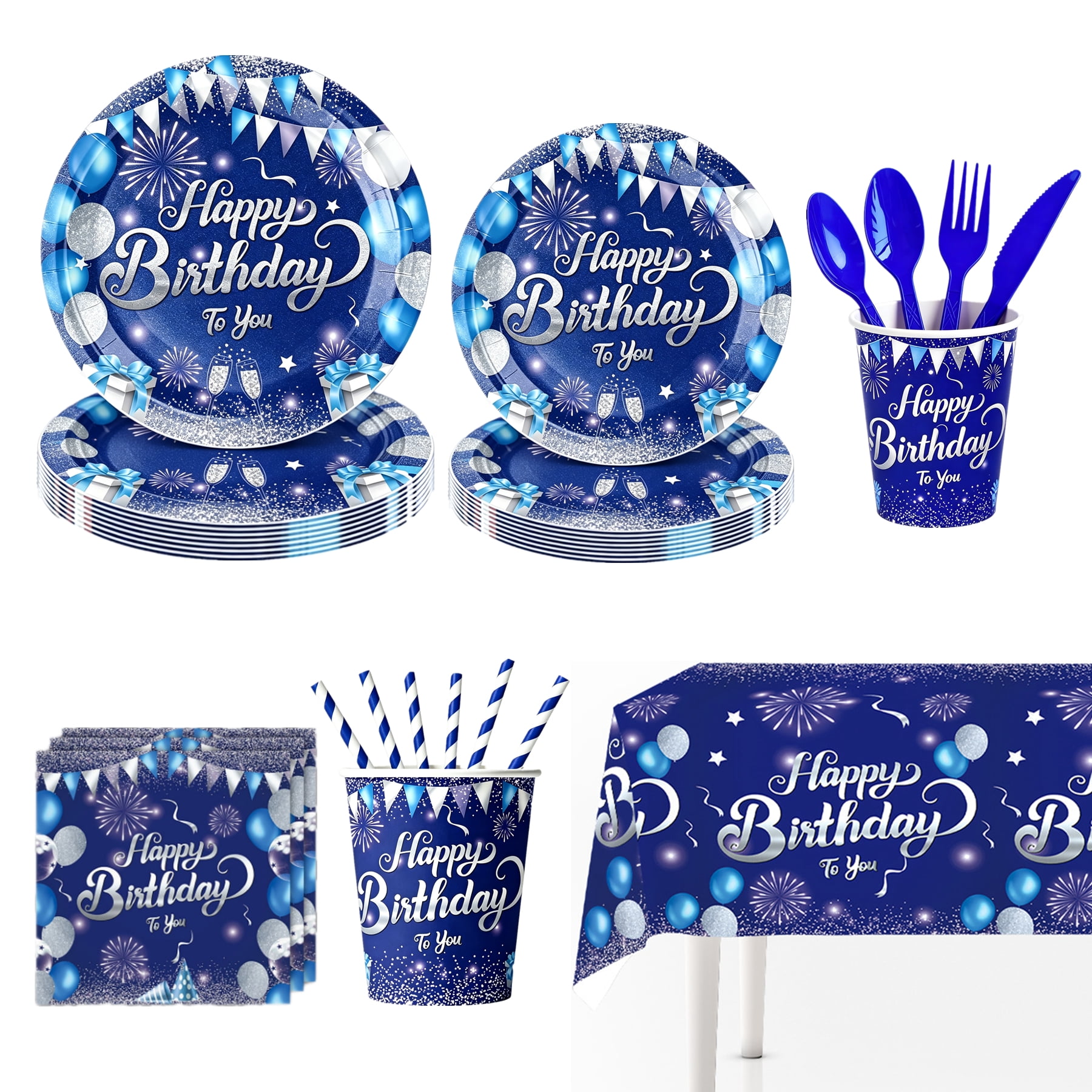 161Pcs Blue Happy Birthday Party Tableware Set Birthday Decoration Banner and Tablecloths Decoration Plates Cups Napkins Dinnerware Party Supplies Serves for 20 Guests