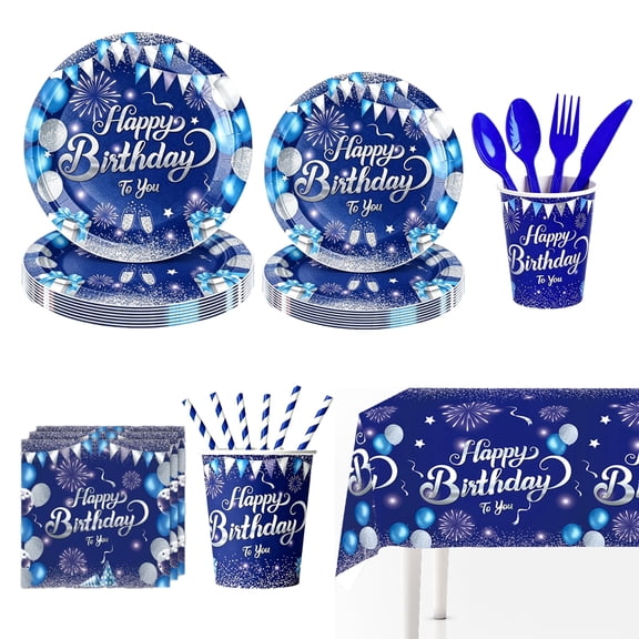 161Pcs Blue Happy Birthday Party Tableware Set Birthday Decoration Banner and Tablecloths Decoration Plates Cups Napkins Dinnerware Party Supplies Serves for 20 Guests