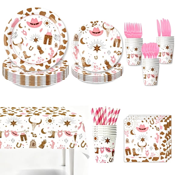 161Pcs Cowgirl Birthday Party Decorations, Disposable Pink Cowgirl Rodeo Tableware Set, Includes Plates Napkins Cups Straws Tablecloth Cutlery for Kids Baby Shower Fire Camping West Party, Serves 20