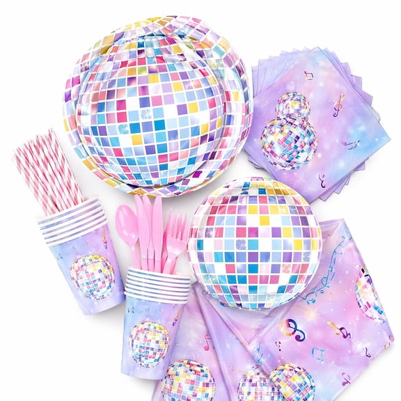 161Pcs Disco Party Supplies Set, Music Theme Tableware Kit with Plates Cups Napkins Cutlery Straws and Tablecloth, Retro Party Decorations for 20 Guests