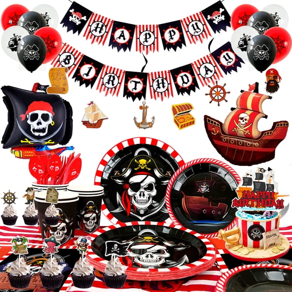 161Pcs Pirate Birthday Party Decor & Tableware Set, Featuring Banner, Balloons, Tablecloth, Plates, Cups and Napkins, All-in-one Supplies for Pirate Birthday and Halloween Party