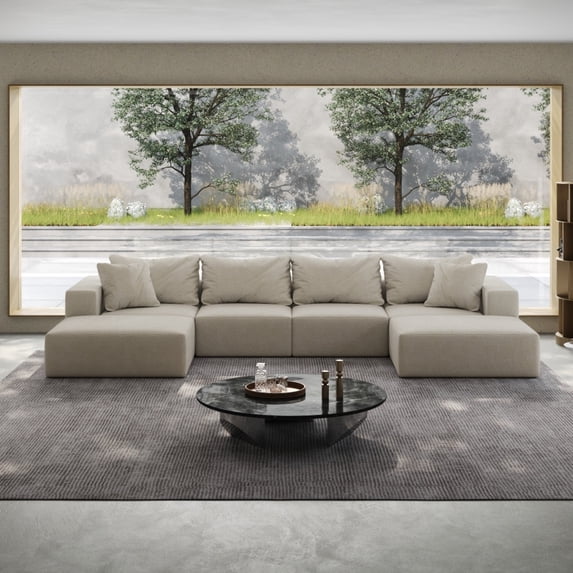 162" Cloud Couch, Beige Modern Upholstered Sectional Couches for Living Room, Free Combination L Shaped Sofa Set with 6 Pillows, Oversized Design