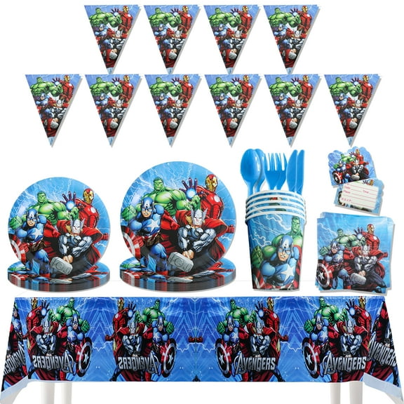 162 PCS Avengers Party Supplies Set, Avengers Theme Birthday Decorations,Cartoon Tableware Set With Banner, Table Cover, Plates, Napkins, Cups,Cutlery,Invitation Card,Serves 20 Guests