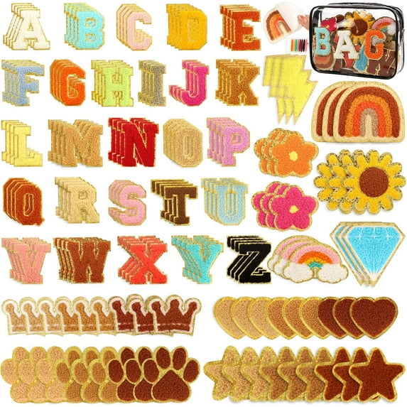 162 PCS Chenille Letter Patches Self-Adhesive for Clothing, A-Z Chenille Letter Patches Sticker, Cute Rainbow Lightning Heart Star Patch Stick on Patches for DIY Crafts Hats Backpacks Christmas Gifts
