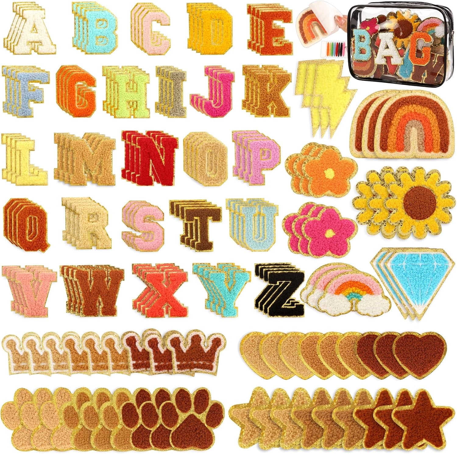 162 PCS Chenille Letter Patches Self-Adhesive, A-Z Chenille Letter Patches Sticker, Cute Rainbow Lightning Heart Star Patch Stick on Patches for DIY Crafts Hats Backpacks