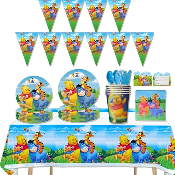 162 PCS Winnie Party Supplies Set,Classic Winnie Bear Birthday Decorations,Cartoon Tableware Set With Banner, Table Cover, Plates, Napkins, Cups,Cutlery,Invitation Card,Serves 20 Guests