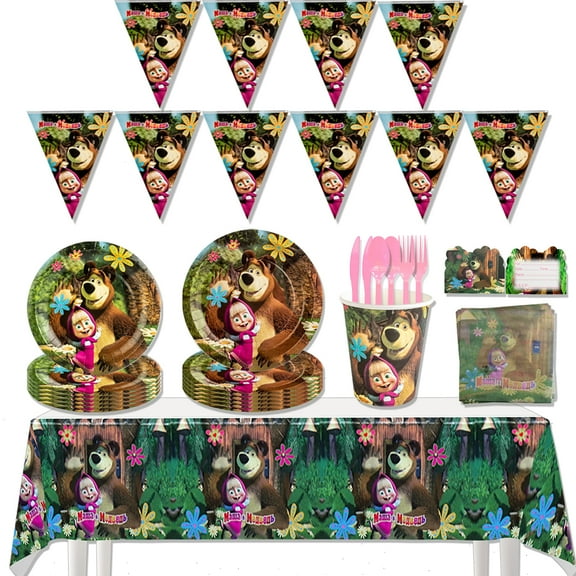162 Pcs Bear Birthday Party Supplies Bear Tableware Set Cartoon Theme Decoration With Banner, Table Cover, Plates, Napkins, Cups,Cutlery,Invitation Card,Serves 20 Guests