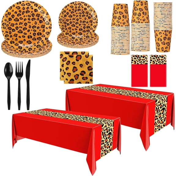 162 Pcs Cheetah Party Decorations Leopard Print Tableware Safari Animal Jungle Party Supplies Includes Tablecloth Plates Napkins Cups Forks Knives Spoons for Baby Shower Birthday(Red)