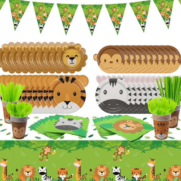 162 Pcs Jungle Party Supplies- Include Animal Shape Plates, Jungle Tablecloth, Safari Flag, Napkins, Cups, Cutlery, Safari Theme Party Supplies for Kids Birthday, Baby Shower, Serves 20 Guests