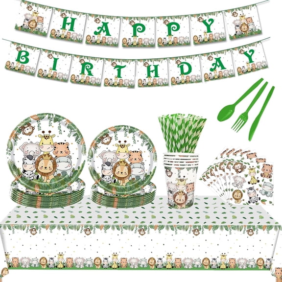 162 Pcs Jungle Safari Birthday Party Supplies Decorations, Jungle Animals Disposable Tableware Sets, Include Cup Plate Napkin Straw Forks Spoons Knifes Tablecloth and Banner, Serves 20 Guests