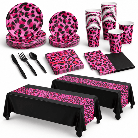 162 Piece Pink Black Leopard Print Disposable Party Tableware Set