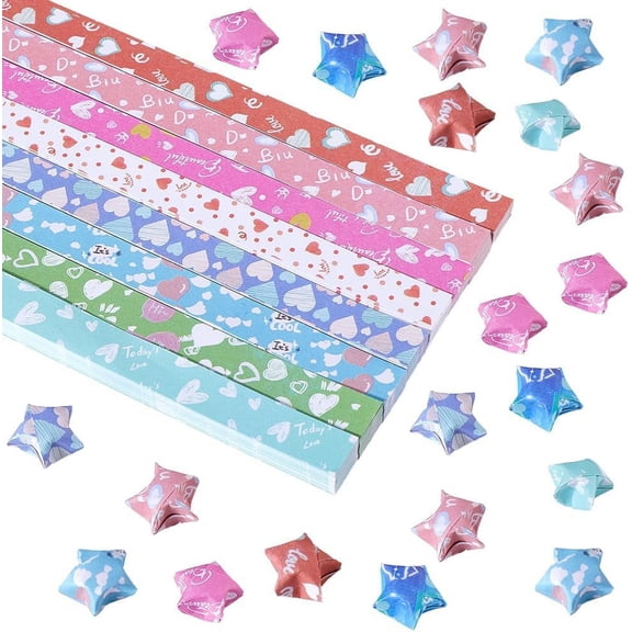 1620Pcs 8 Styles Heart Origami Star Paper Folding Stars Lucky Colorful Shiny Glitter Shimmer Hearts Pattern Rectangle Decorations Origamis Strips for Arts DIY Handmade Crafting Accessories DIY