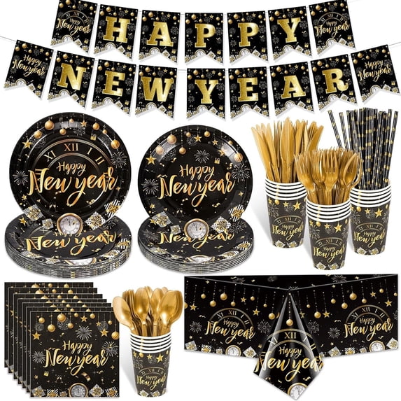 162PCS New Years Eve Party Supplies Tableware Set for 20 Guests, Black Gold Happy New Years Banner Tablecloth Plates Cups Napkins for 2026 NYE Eve Party Decorations